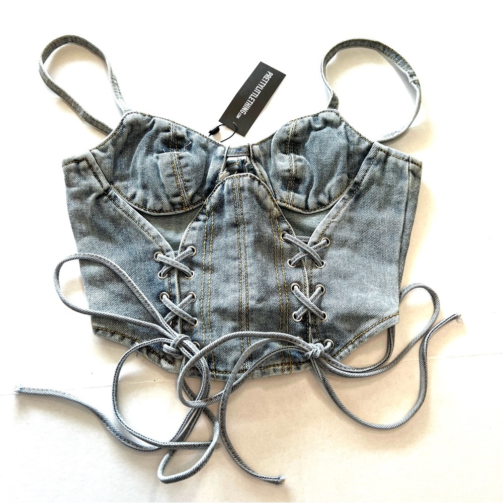 NWT Denim Lace Up Cutout Corset Jean Top - Picture 8 of 13
